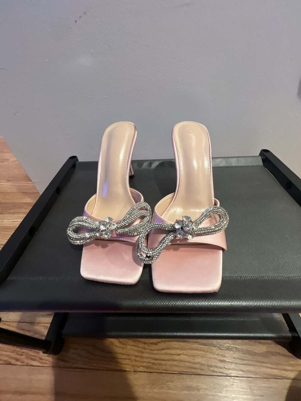 Pink Satin Rhinestone Bow Square Toe Heeled Mules Size 7,Heel height-4in